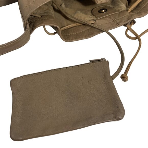 Brio! Taupe Leather Bucket Shoulder Bag Drawstring Adjustable Strap VTG 80s 90s - Picture 10 of 15